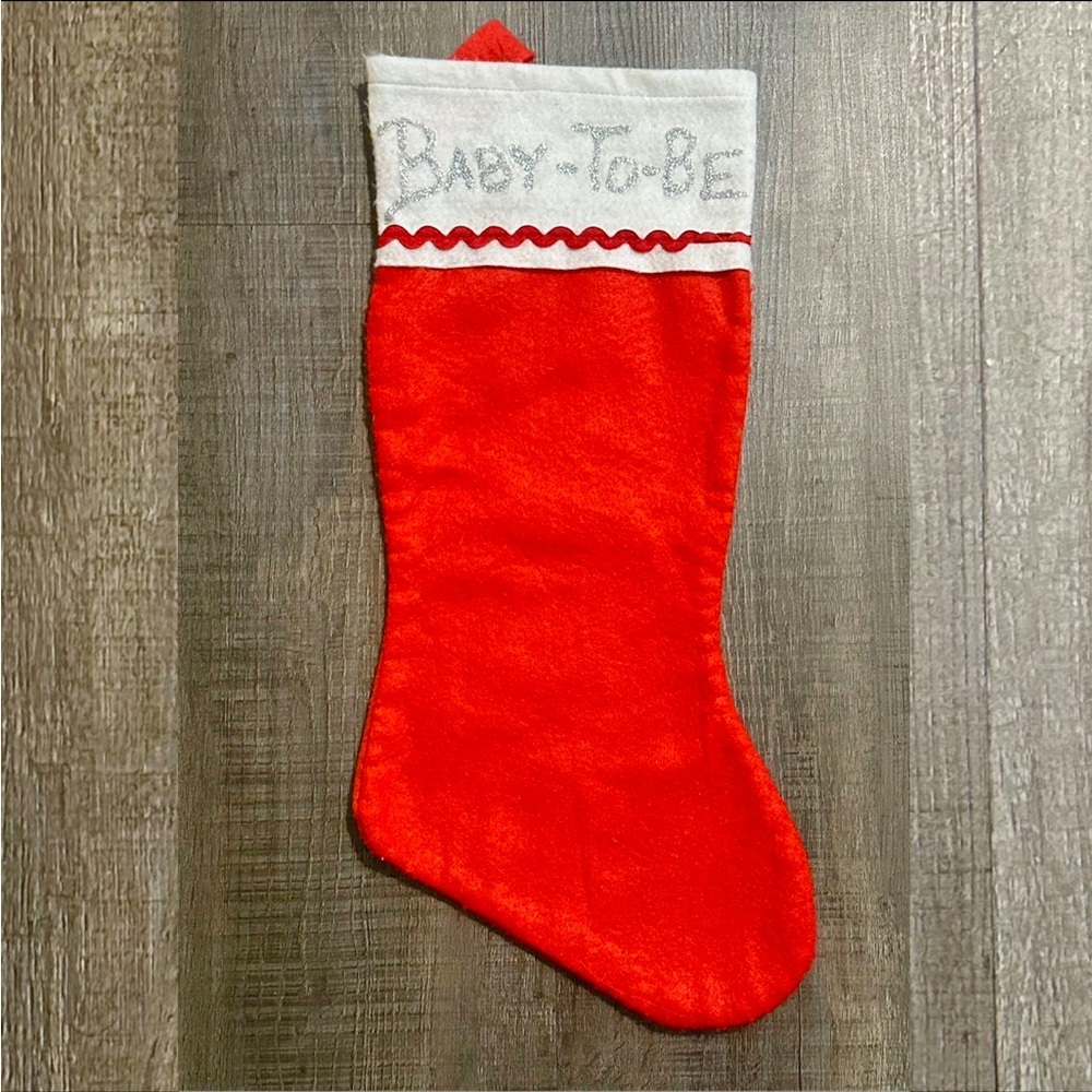 💞 Red & White “Baby To Be” Christmas Stocking with Silver Glitter Text